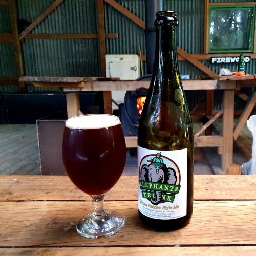 A glass of Elephants Trunk Belgian Strong Ale beside the bottle, wood fire in background